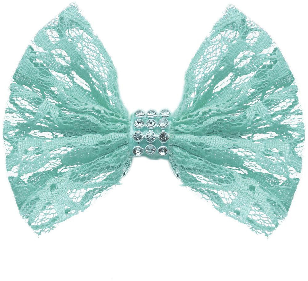 Hair Bow Lace and Crystals French Barrette Aqua