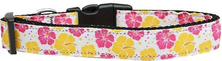 Pink And Yellow Hibiscus Flower Nylon Dog Collar